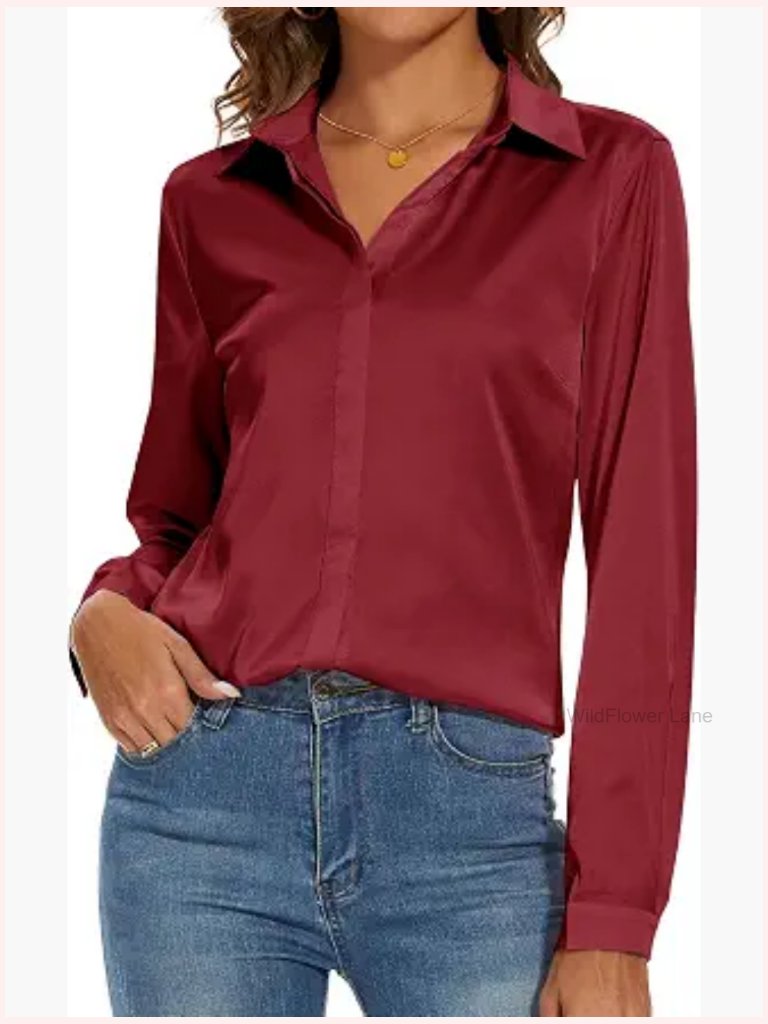 Silk Blouse Long Sleeve Button Down Shirt Office Work Top